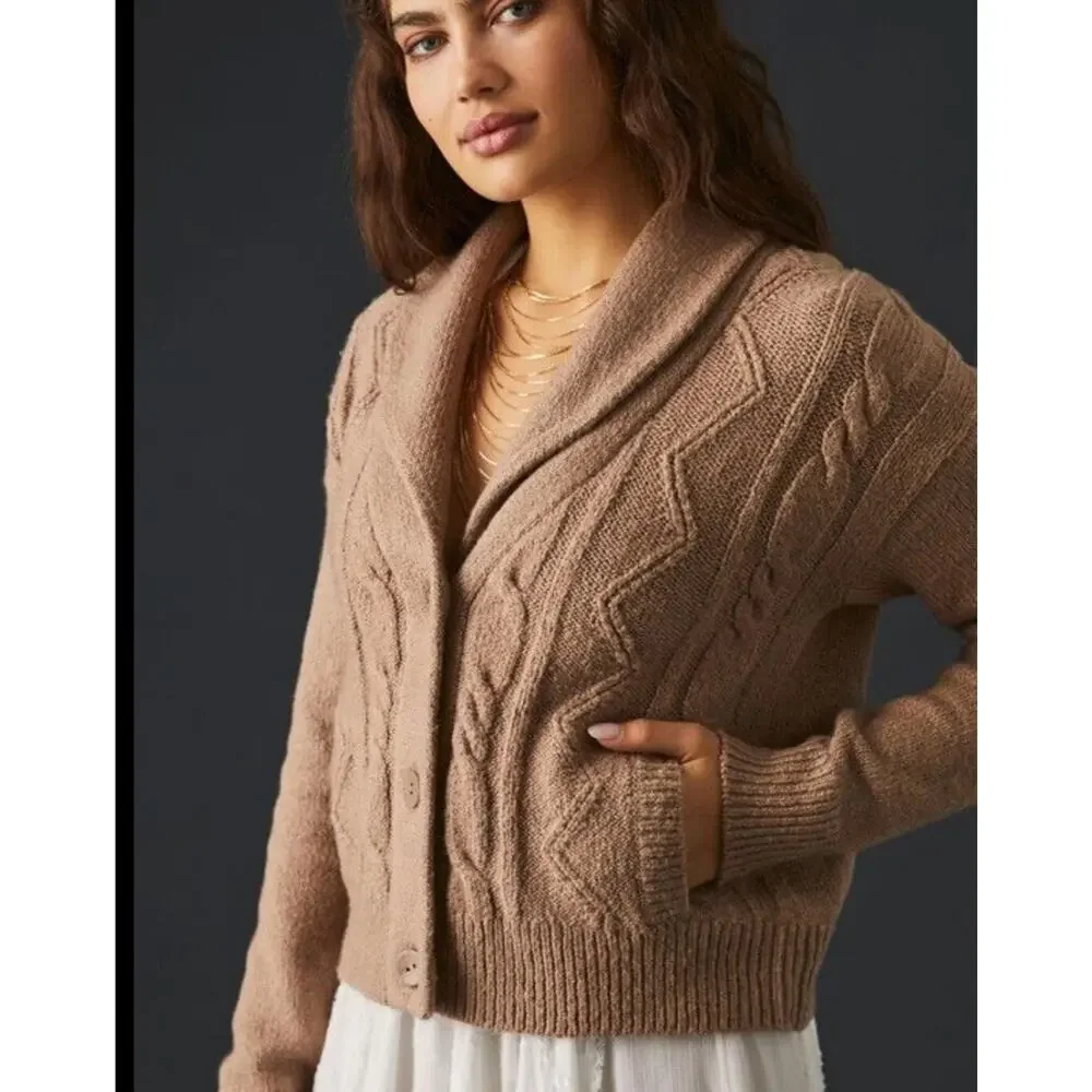 Anthropologie Pilcro cable knit shawl collar cardigan sweater olive Women S Knit - Picture 6 of 16